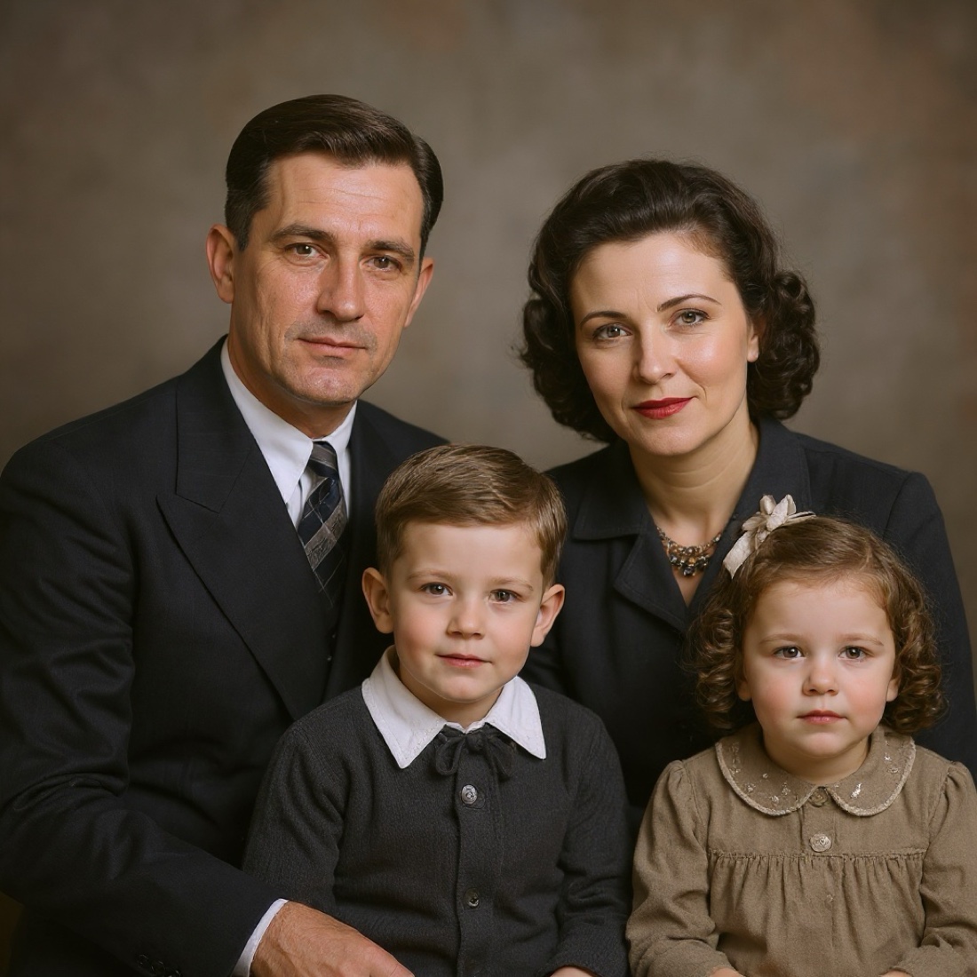 Restored family portrait with clearer detail and natural color